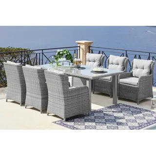 KONIFERA Garten-Essgruppe »Seattle« Set, 6x Sessel, 1xTisch 170x90 cm, inkl. Auflagen, Polyrattan, Aluminium, 19 Stk. tlg. Tischbeine aus Akazie, Tischplatte aus 5mm starkem Sicherheitsglas, grau
