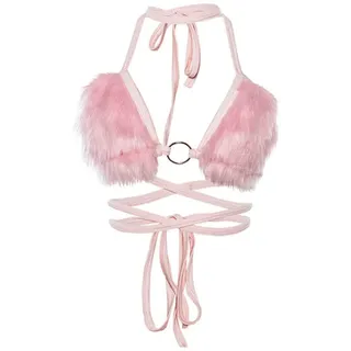 ZOOMY Frauen Sexy Halfter Schnür-Bikini-BH V-Ausschnitt Flauschiges Plüsch-Crop-Top - Pink