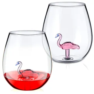 Patelai 2 Stück Weingläser Copa Glas Kreative Gingläser für Frauen Männer Kristall Weinglas ohne Stiel Geschenke Mit Flamingo im Inneren für Valentinstag Hochzeit Jahrestag Bar