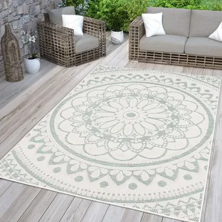 TT Home In-& Outdoorteppich Wetterfest Garten Orientalisches Marokkanisches Boho Design, Farbe: Türkis Weiß, Größe:80x150 cm