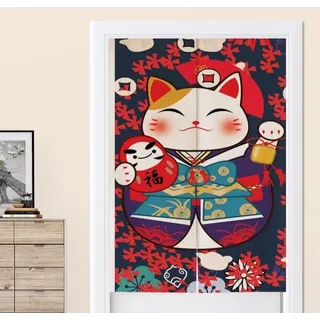 Fine Asianliving Japanische Noren Türvorhänge Lucky Cat mit Daruma B80xH130cm