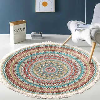 Vintage Boho Baumwolle Teppiche Mandala Muster Waschbar Handgewebte Böhmische Runder Teppich mit Quasten für Schlafzimmer Flur Wohnzimmer Couchtisch Fußmatten,Waschmaschinenfest,80CM Blumen #12