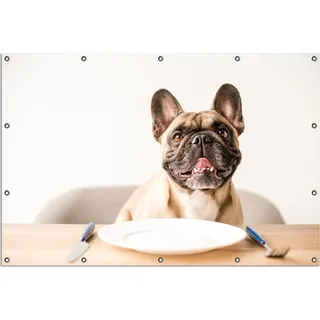 Wallario Outdoor-Poster für Garten oder Balkon, Motiv Hund freut sich auf Essen, in ca. 120 x 180 cm - Weiß