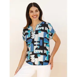 Schlupfbluse CLASSIC BASICS, Damen, Gr. 44, türkis, schwarz, bedruckt, 100% Polyester, gemustert, mehrfarbig, Rundhals, Blusen Schlupfbluse