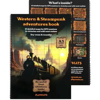 Western- und Steampunk-Rollenspielbuch - 18 A3-Trockenlöschkarten für Rollenspielsitzungen