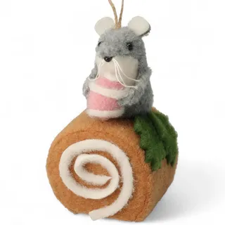 MIJOMA Filz Weihnachtsanhänger Maus auf Kuchen - Christbaumschmuck zum Hängen - Deko für Weihnachten & Winter - Skandi Stil (Biskuitrolle braun)