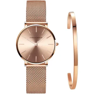 Kubagom Damen Uhren Analog Quarz Edelstahl Wasserdicht Mesh Ultradünne Set mit Armreif (Rosegold Oberfläche,Rosegold Armband,Rosegold Armreif)
