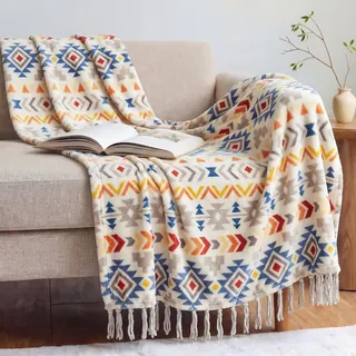 CASAAGUSTO Boho-Überwurf mit Quaste, bunt, dekorativ, Bedruckte Flanell-Decke für Stuhl, Bett, Sofa, Couch (50 x 60 cm, bunt)