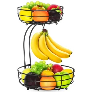 bomclap Obstkorb mit Bananenhalter - 2 Stöckig Obstschale aus Metall - Küche Stehend Moderne Obstschalen - Dekorativer Gemüsekorb Obstschale - Schwarz