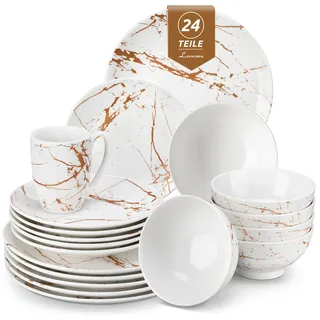 LOVECASA Daphne Porzellan Geschirrset 24-teilig für 6 Personen, Weiß mit Gold Marmor Design, Tafelservice Set mit Essteller, Dessertteller, Schüssel und Tassen