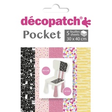 Décopatch DP029C - Packung Déco Pocket mit 5 Blatt 30x40 cm in 5 verschiedenen Designs, praktisch und einfach zum Verwenden, ideal für Ihre Pappmachés und Bastelprojekte, 1 Pack
