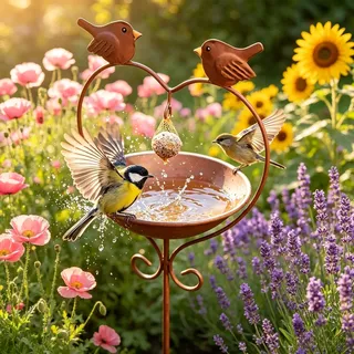 JACKANNA Gartendeko Vogeltränke Stehend 115 cm,Vogelbad Garten Meisenknödelhalter Vogeltränke Winterfest Futterstation aus Metall mit für Wildvögel, Rostoptik Gartendeko Vintage(C)