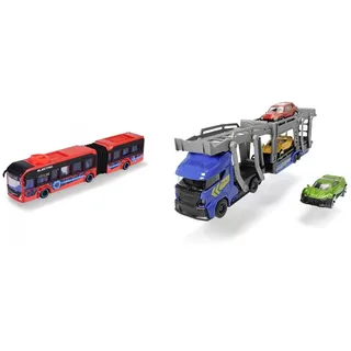 Dickie Toys - Spielzeug-Bus Volvo (rot) – lenkbarer City Bus (40 cm) & 203745008 Car Carrier, Autotransporter für 3 Autos