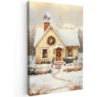 MuchoWow Leinwandbild Weihnachten - Zuhause - Winter - Schnee Wanddeko Schlafzimmer 60x90 cm , Creme , Textil , Kiefer , Abstrakt , Rechteckig , 60x90 cm , FSC 100% , gerahmt , Bilder & Rahmen, Bilder, Leinwandbilder