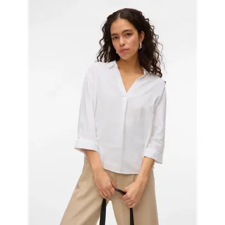 Shirtbluse VERO MODA "VMLINN 3/4 TOP WVN GA NOOS", Damen, Gr. S, weiß (snow weiß), Web, Obermaterial: 55% Leinen, 45% Viskose, unifarben, loose fit Po-bedeckend, V-Ausschnitt, Blusen Shirtbluse