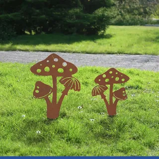 Maximex Gartenstecker Pilz, 2er Set, wetterfeste Gartendeko, Metall mit Edelrost-Patina, für Garten, Terrasse und Balkon, 20 x 35 cm
