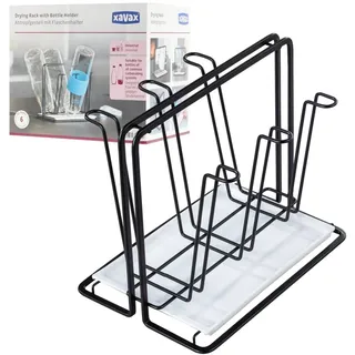xavax Abtropfgestell für 6 Flaschen (Flaschenhalter aus Metall, Abtropfständer für Gefäße mit Abtropfschale, für Sodastream, Air up, Avent, Philips), schwarz