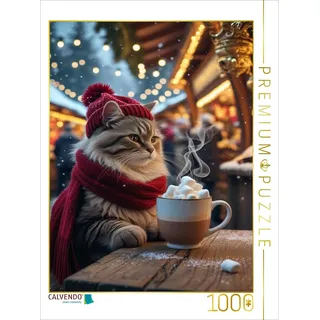 Calvendo Puzzle Winterkatze mit heißem Kakao | niedliches Weihnachtsbild für Katzenfreunde Winterkatze mit heißer Schokolade - gemütliches Weihnachts