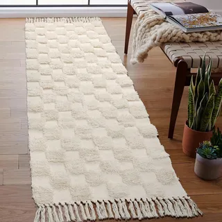 JaeMoose Baumwolle Teppich Getuftet Baumwollteppich Waschbar Retro Flur Teppich mit Quasten Marokkanisch Boho Teppiche für Wohnzimmer Schlafzimmer Eingangstür (Beige Checkerboard, 60 x 180 cm)