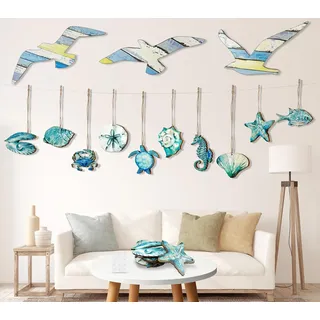 cersaty 23 Stück Möwen Wanddeko Maritime Deko set, Holz Wanddeko Möwen Blau Küstenmotiv für Wohnzimmer, Schlafzimmer, Badezimmer, Flur, Ferienhaus usw