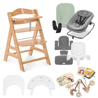 hauck Alpha Start N Grow Set, Natural Dark Grey - ab Geburt bis 90 kg, Holzhochstuhl aus Buche, 3 in 1 Babywippe mit Musselinbezug, Sitzverkleinerer, Sitzkissen, Essbrett, Spielbrett, 3 Lernspiele