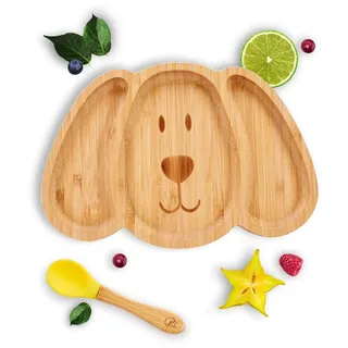 Kleiner Fuchs Hochwertiges Bambus Teller mit Saugnapf, Rutschfestem Saugnapf mit passendem Baby Löffel Macht Mahlzeiten Spaß, Bambus Geschirr Set mit Geschenkbox - Essenlernen mit Hund Design