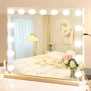 SDHYL Schminkspiegel mit Beleuchtung,Hollywood schminktisch Spiegel mit 15 LED-Lampen,3 Modi Einstellbarer Helligkeitsspiegel Dimmbarer Schminkspiegel für Make-Up,mit Type C Ausgangsanschluss 58×46cm