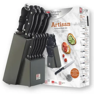 Richardson Sheffield ARTISAN Messerblock 15-teilig | Schwarz | Holzmesserblock inklusive Küchenmesser Set | Holz Messerblock mit Messer | scharfe Klinge mit klassischem Nietengriff