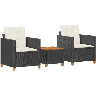 vidaXL 3-tlg. Bistro-Set mit Kissen Schwarz Poly Rattan Akazienholz - Schwarz
