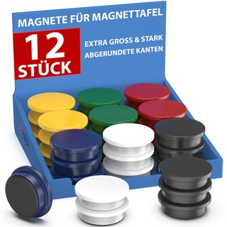 REORDA® Magnete für Magnettafel stark - 12x Starke Magnete für Whiteboard, Pinnwand, als Kühlschrank Magnete & Tafelmagnete stark haftend, Magnete rund - Bunt