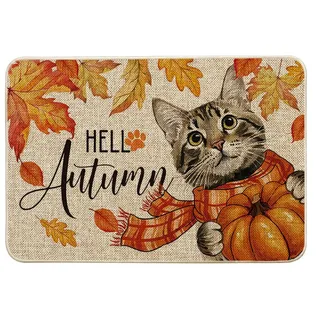 Artoid Mode Ahornblätter Große Katze Hallo Herbst Fußmatte, Saisonale Fall Hause Küche Teppich Bodenmatte Für Innen Außen Dekor 40x60 cm