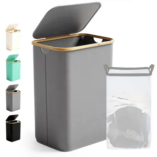 Ribelli Wäschekorb 85 Liter, Faltbarer Wäschesammler mit Deckel und Herausnehmbar Wäschesack, Wäschetonne Schmal für Waschküche, Bad, Schlafzimmer, Grau