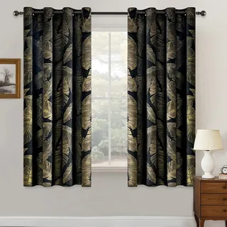 MIULEE Vorhänge mit Goldfolie Blätter Muster, 2 Stück Schwarz Gardinen mit Ösen, Jedes 145 cm Hoch, Superweich Vorhang Blickdicht für Deko Wohnzimmer Schlafzimmer, Schöne Samtvorhang