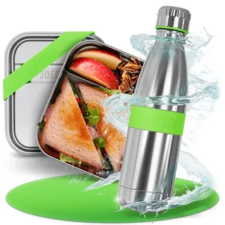 boddels Lunch-Set Edelstahl Brotdose 800ml und Trinkflasche 500ml | Brotzeitbox für Snacks | Isolierflasche | doppelwandige Edelstahl Flasche | Brotdose Edelstahl Kinder mit Fächern