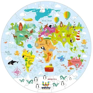 Webby – Bodenpuzzle mit erstaunlicher Weltkarte | 60 Teile | Enthält 4 doppelseitige Lernkarten | Rundes Lernpuzzle | Verbessert Gedächtnis, Konzentration und Farberkennung