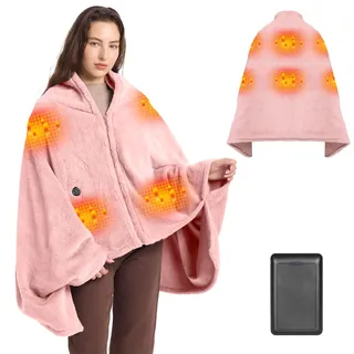 Moteoza 160x90cm Heizdecke Kabellose mit 16000 mAh Akku, Flanell Elektrische Wärmedecke mit 6-Zonen-Heizung, 3 Temperaturstufen, Waschbar Heizdecke zum Anziehen für Sofa, Büro, Auto, Camping(Rosa)