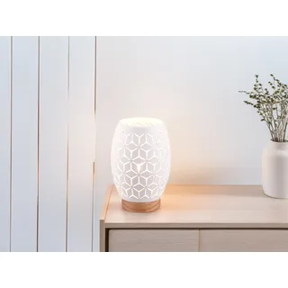 Ausgefallene kleine LED Nachttischlampe für die Fensterbank Weiß Holzfuß, H 21cm