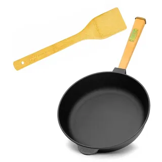BIOL Gusseisenpfanne 28 cm Bratpfanne aus Gusseisen BRIZOLL mit Holzgriff und Pfannenwender von 4big.fun Gusspfanne rund Induktion Alle Herdarten