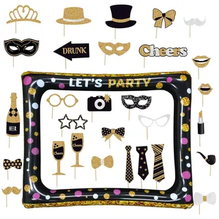 Zfseyuh Fotobox Accessoires Aufblasbarer Fotorahmen mit 30 Stück Schwarz Gold Lustige Foto Requisiten Bilderrahmen Aufblasbar Partyzubehör für Geburtstag Hochzeit Party