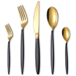 HOMQUEN 30-Teiliges Besteckset aus Schwarzgold, Edelstahl Besteck Set, Titan Gold Löffel und Sprühfarbe Griff Besteck Set, Service Set für 6 (Mattschwarz mit Glänzendem Gold)