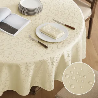 Romanstile runde Tischdecke klein 120 cm beige Outdoor abwaschbar Fleckenschutz wasserabweisend Damast Jacquard Ranke Tischdecken Tischtuch Table Cloth für Party,Geburtstag,Hotel,Restaurant,Frühling