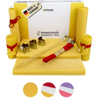 Wachsmann Bienenwachs-Kerzen selber Machen, 5-7 Stück - DIY Kerzen Bastel-Set - Kerzen basteln mit Bienenwachs-Platten aus Deutschland + Dochte, Deko-Band & Ausstechformen