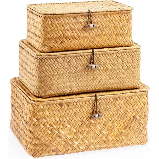 3 Stück Weiden Aufbewahrungskörbe mit Deckel, Rattan Aufbewahrung Korb Aufbewahrungskorb aus geflochtenem Rattan Seegras Geflochtener Rechteckig Aufbewahrungskorb für die Organisation von Rattanbehält