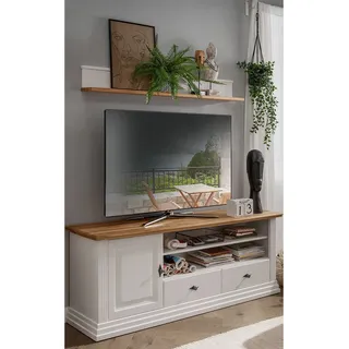 Wohnwand weiß ESBJERG-69 Landhausstil in Kiefer weiß lackiert mit Eiche massiv 2-teilig - Weiß