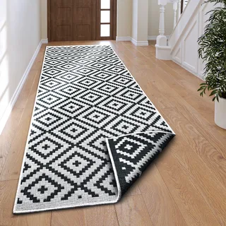 MY HOME "Ronda Wendeteppich" Gr. 13, schwarz (schwarz, creme), B:80cm H:5mm L:350cm, Kunstfaser, Teppiche, Läufer, Sisal-Optik, Flachgewebe, In- und Outdoor, geometrisches Boho Design