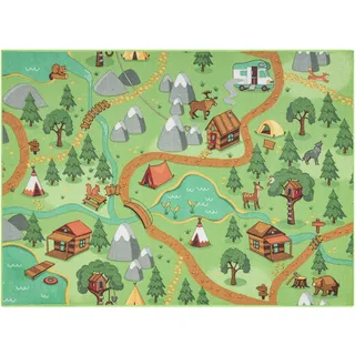 RugsX Rebel roads teppich Wild life 90 Wald, Tiere rutschfest für Kinder - Moderner Kurzflor Teppich in grün, pflegeleicht, Öko-Tex Zertifiziert, Anti-Rutsch 140x200 cm