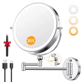 Aumxir 9 Zoll Kosmetikspiegel mit Beleuchtung, Höhenverstellbar 5000mAh Wiederaufladbar 1X/30X Schminkspiegel Wandmontage, Dimmbar Rasierspiegel 3 Lichtfarben, 360° Drehbar Wandspiegel für Badezimmer