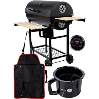 Holzkohlegrill Rundfass mit Deckel Gross MalTec Rollen Gartengrill Grillwagen Schürze Garten Terrasse Camping Zusatzböden - Schwarz