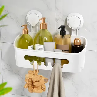LEVERLOC Duschablage ohne Bohren Duschablage Saugnapf Extra Stark, Weiß | Saugnapf Dusche Organizer Große Kapazität Bad Organizer Ohne Bohren Badezimmer Zubehör für Shampoo Duschkorb Küche