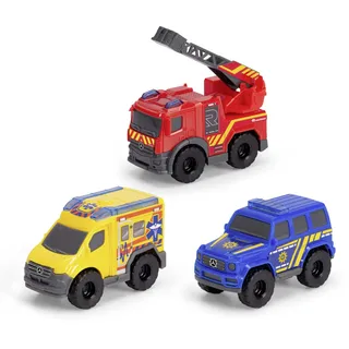 Dickie Toys - Micro Rescue Force Spielzeugautos (je 8 cm) - 3er-Set Mercedes-Benz Autos mit Freilauf und beweglichen Teilen für Kinder ab 3 Jahre, Feuerwehrauto, Polizeiauto & Krankenwagen